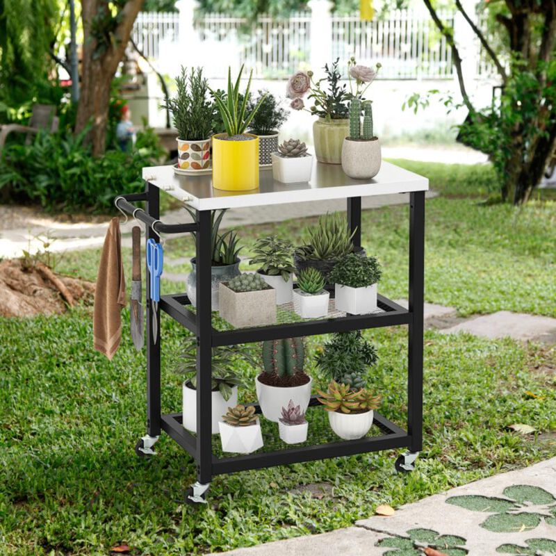 Hivvago 3-Tier Foldable Outdoor Stainless Steel Food Prepare Dining Cart Table on Wheels