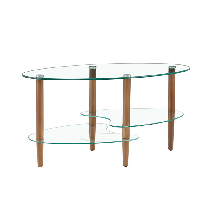 Modern Oval Glass Coffee Table with Oak Wood Legs
