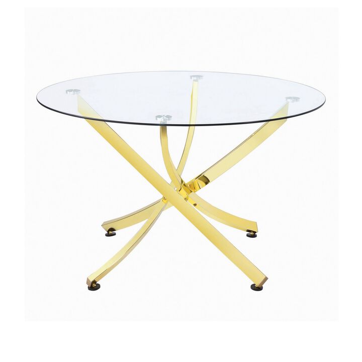 Dining Table with Glass Top and Curved Design Metal Base, Gold-Benzara