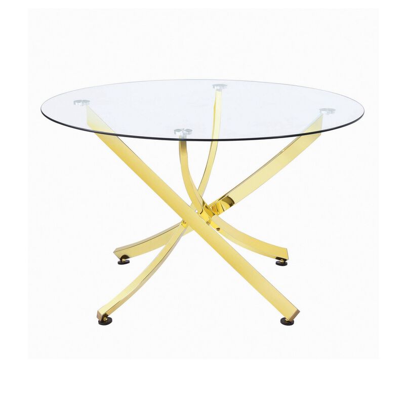 Dining Table with Glass Top and Curved Design Metal Base, Gold-Benzara