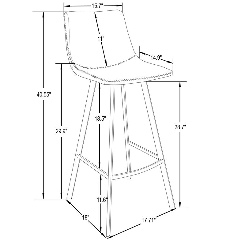 LeisureMod Elland Modern Upholstered Leather Bar Stool With Iron Legs & Footrest Set of 2