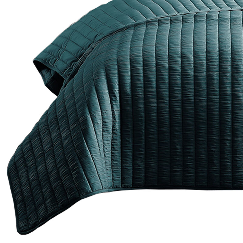 3 Piece Crinkle King Coverlet Set with Vertical Stitching, Turquoise Blue-Benzara