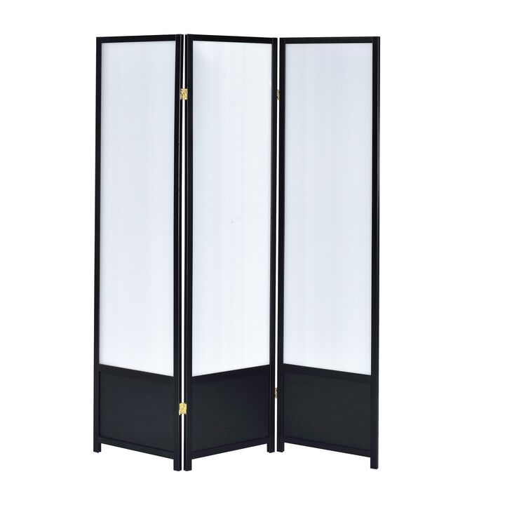 Three Panel Folding Screen with Translucent Inserts, Black - Benzara