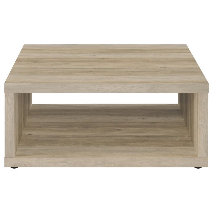 Rizz Coffee Table, Square Cube Design Open Shelf, 36 Inch Light Brown - Benzara