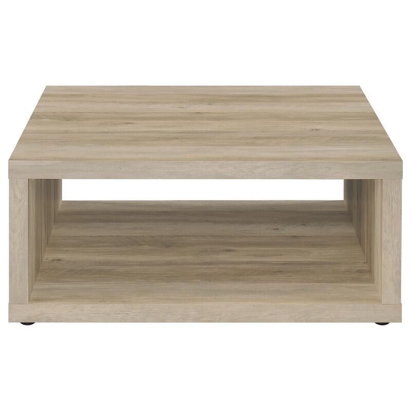 Rizz Coffee Table, Square Cube Design Open Shelf, 36 Inch Light Brown - Benzara