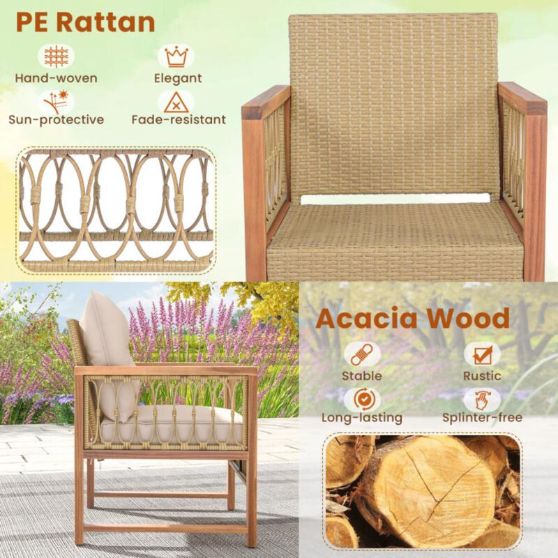 Hivvago 4 Pieces Outdoor Patio PE Wicker Conversation Bistro Set with Acacia Wood Frame