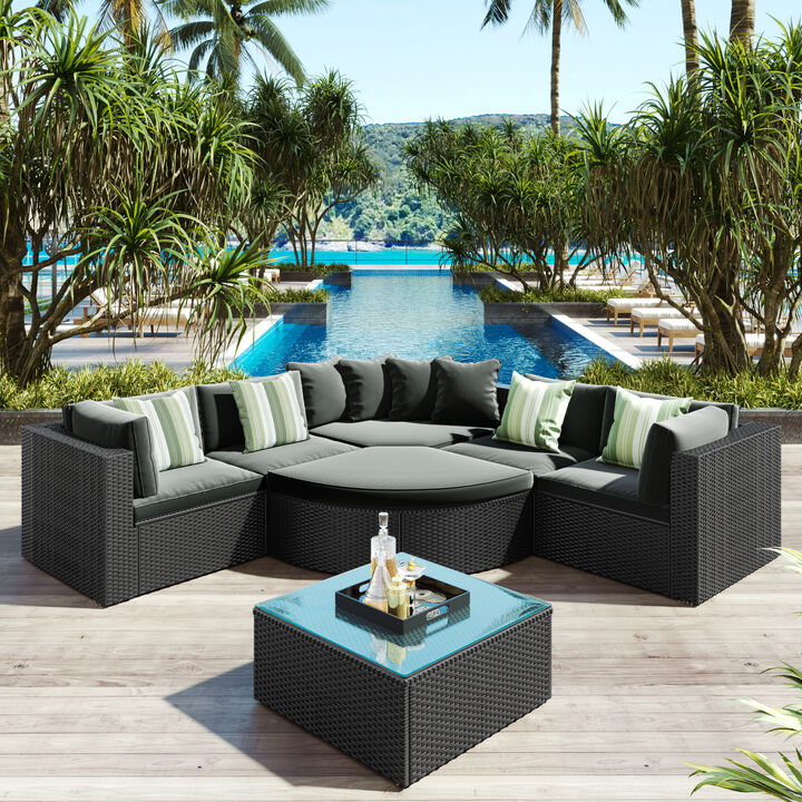 Whisen Outdoor Wicker Sofa Set, Rattan Sofa Lounger, With Striped Green Pillows, Conversation Sofa - Gray