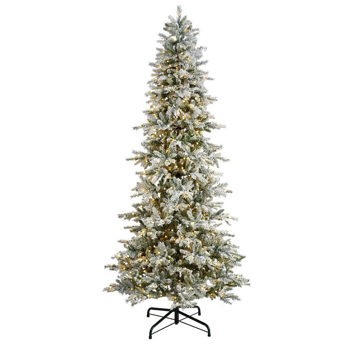 Nearly Natural Slim Flocked Nova Scotia Spruce Artificial Christmas Tree with Warm White LED Lights and Bendable Branches