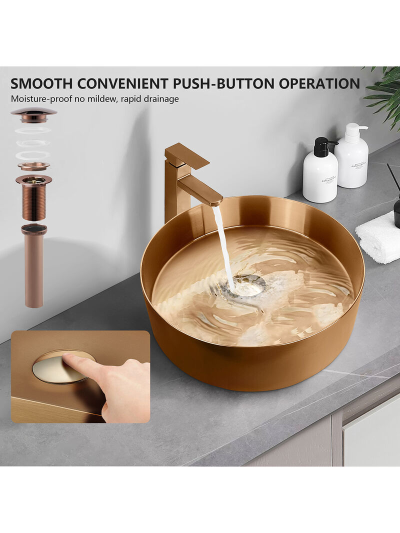 Stainless Steel Bathroom Sink with Mounting Ring & Pop-Up Drain Round Bowl Basin Rose Gold
