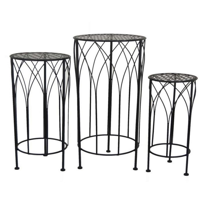 Lyi Plant Stand Table Set of 3, Round Carved Cutout, Wired Base Black Metal - Benzara