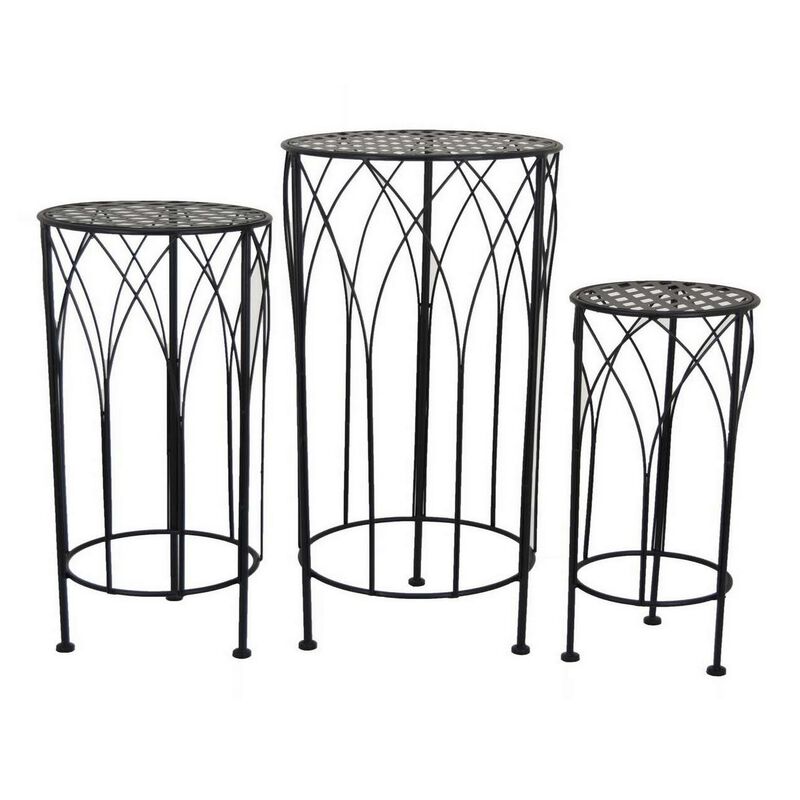 Lyi Plant Stand Table Set of 3, Round Carved Cutout, Wired Base Black Metal - Benzara