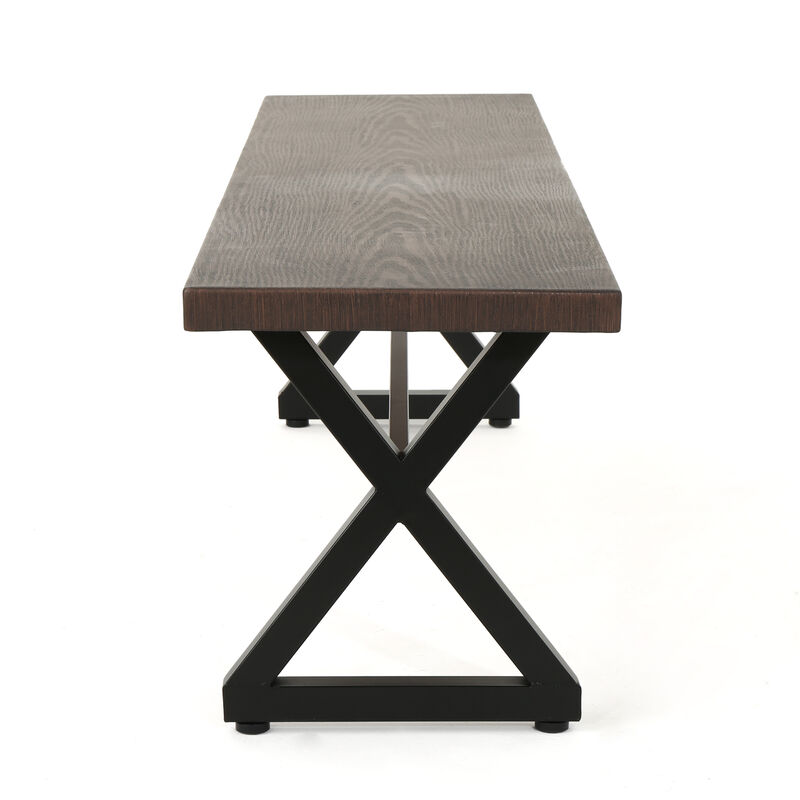 Romita Outdoor Dining Bench, X Legs, Brown Metal, Black Steel, 63 Inch - Benzara