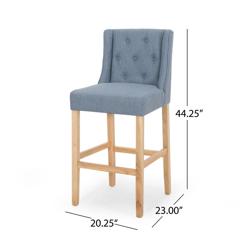 Seliva Barstool Chair Set of 2, Navy Blue Fabric, Tufted Back, Black Wood - Benzara
