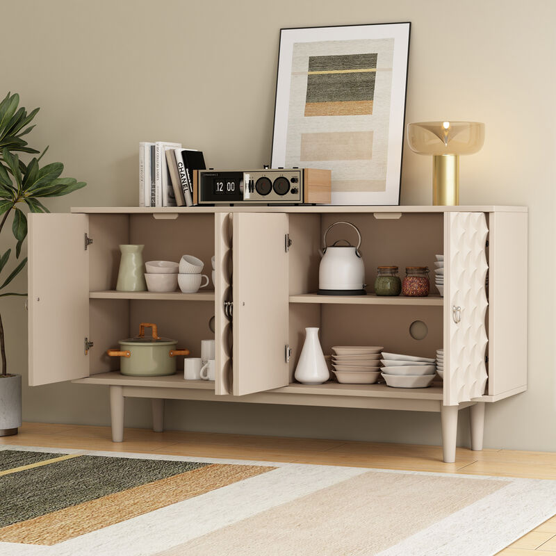 Clihome Modern 4-door Sideboard with Convex Pattern Doors and 2 Silver Handle for Living Room, Dining Room, Kitchen (Almond)