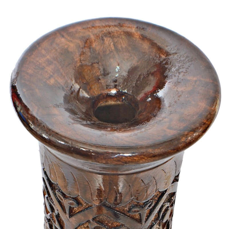 Antique Decorative Hand Curved Brown Mango Wood Floor Flower Vase Trumpet Design with Unique Textured Pattern, 36 Inch
