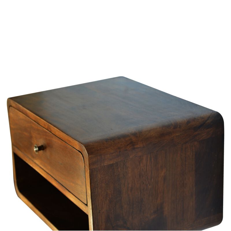 Curved Chestnut Wall Mounted 1 Drawer with Open Slot Solid Wood Nightstand