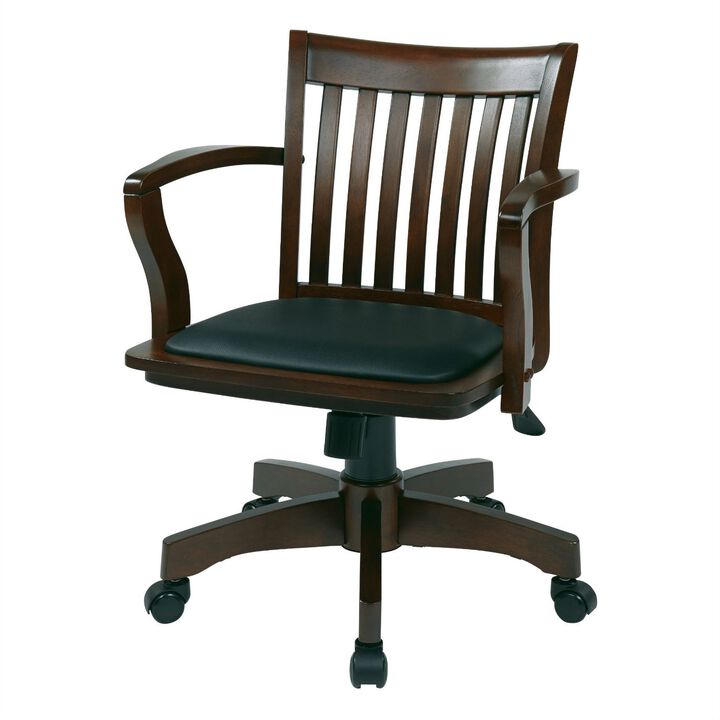 Hivvago Espresso Bankers Chair with  Black Vinyl Padded Seat and Wood Arms