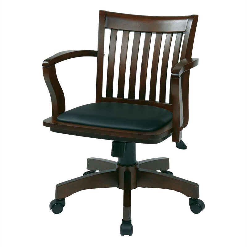 Hivvago Espresso Bankers Chair with  Black Vinyl Padded Seat and Wood Arms