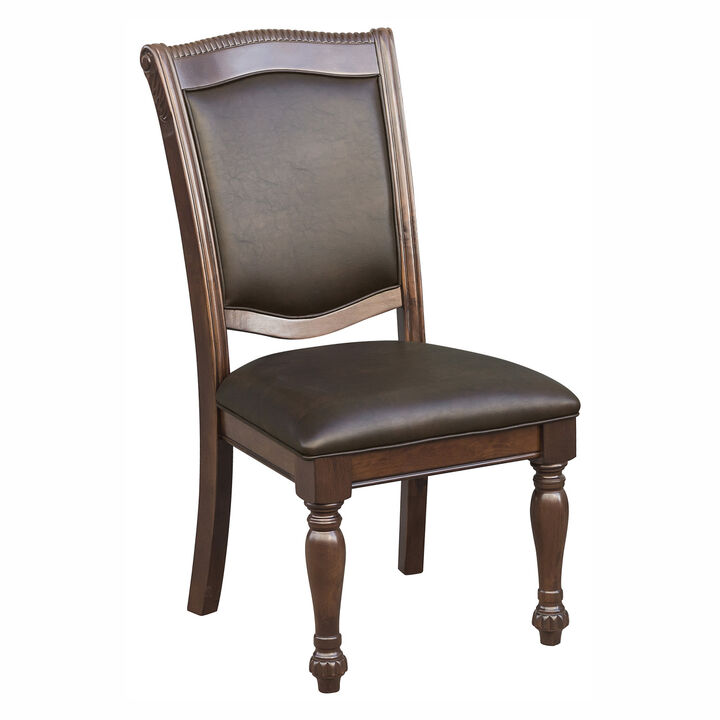 Wooden side chairs set, brown cherry finish, faux leather upholstery