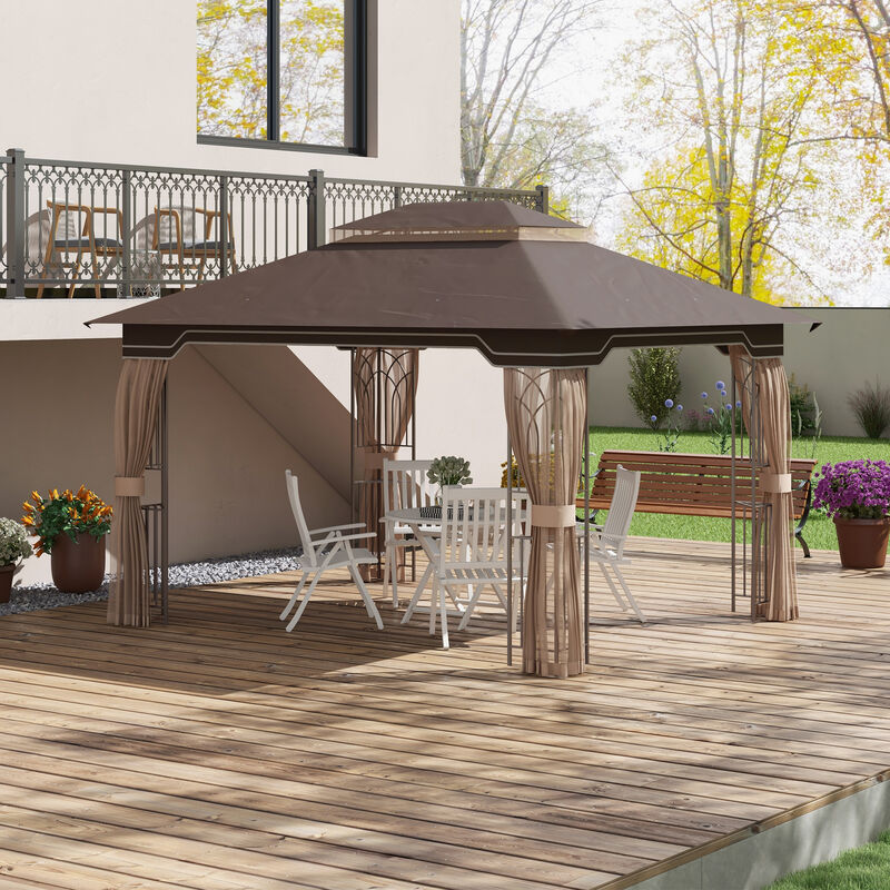 10' x 12' Patio Gazebo Outdoor Canopy Shelter w/ 2 Tier Roof, Brown