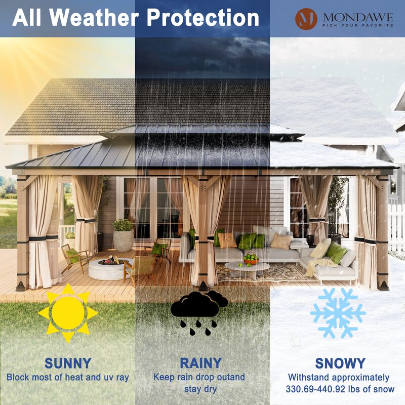 Mondawe Beverly Hills 12 ft. x 20 ft. Outdoor Fir Solid Wood Frame Patio Gazebo Canopy Shelter Galvanized Steel Hardtop with Netting And Curtain