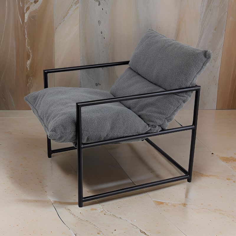 26 Inch Accent Chair with Cushion, Black Iron, Light Gray Faux Leather - Benzara