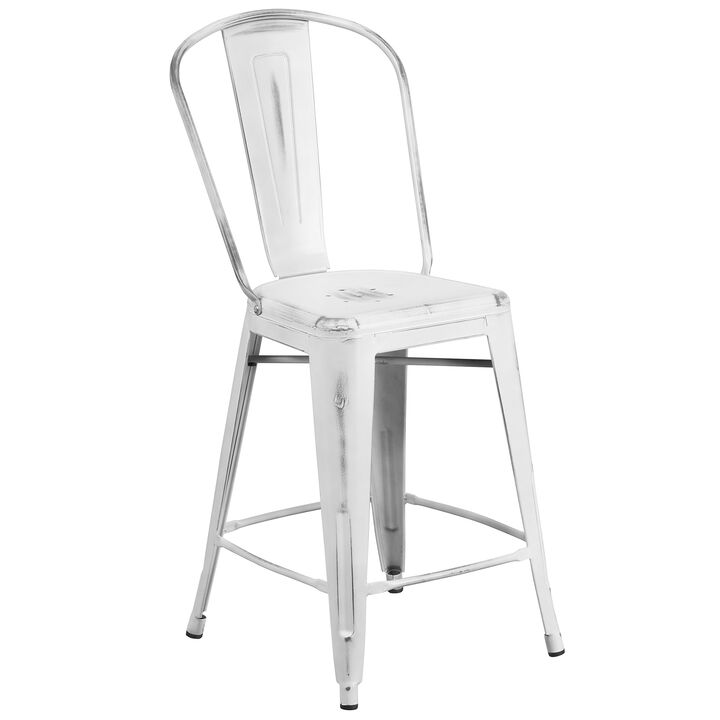 Flash Furniture Carly Commercial Grade 24" High Distressed White Metal Indoor-Outdoor Counter Height Stool with Back