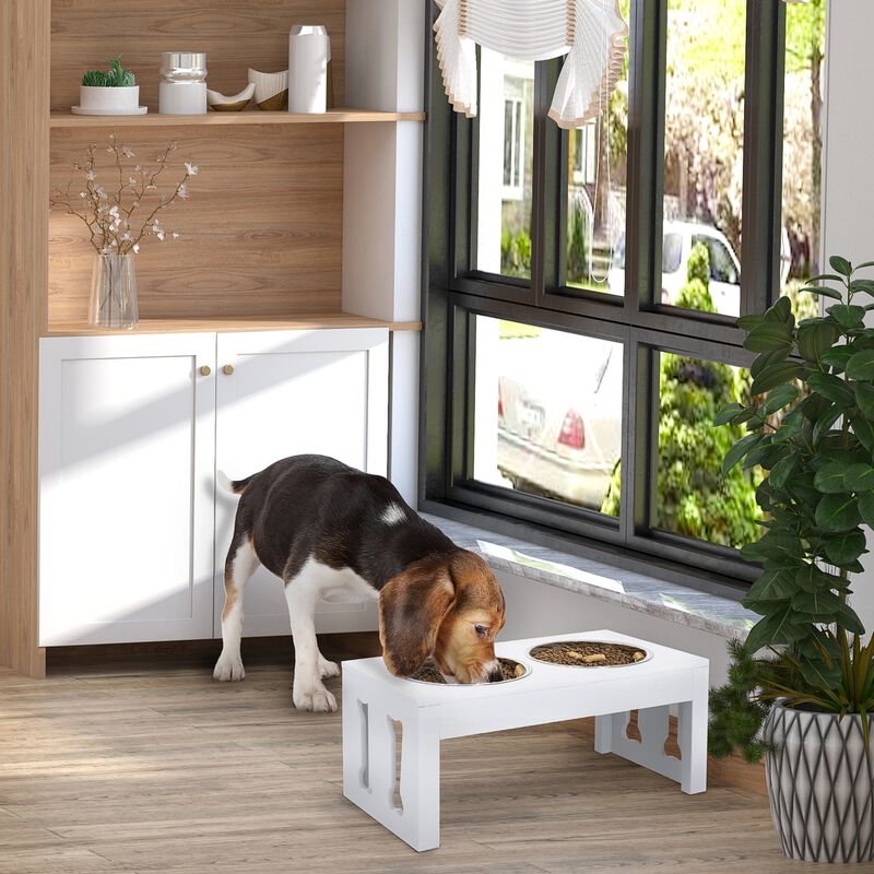 White Bone-Shaped Feeder: 23" Wooden Elevated Dog Bowl Stand