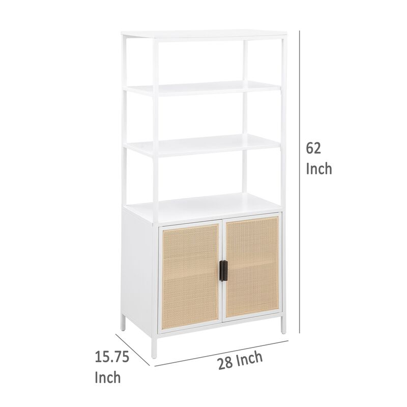 Lanie Tall Accent Cabinet, 3 Shelves 2 Doors, PE Cane, White Metal - Benzara