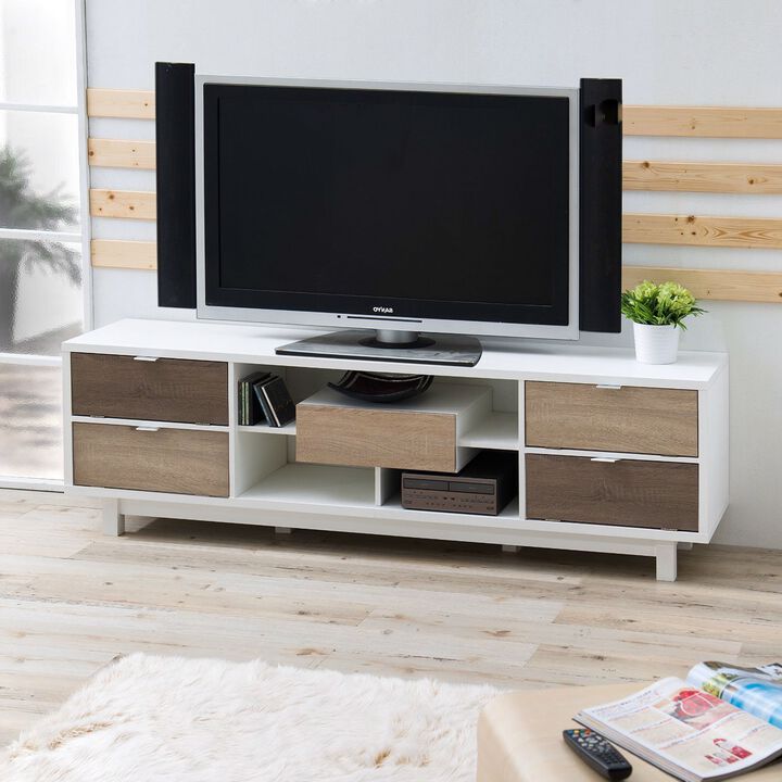Hivvago Modern 70 inch White TV Stand Entertainment Center with Natural Wood Accents