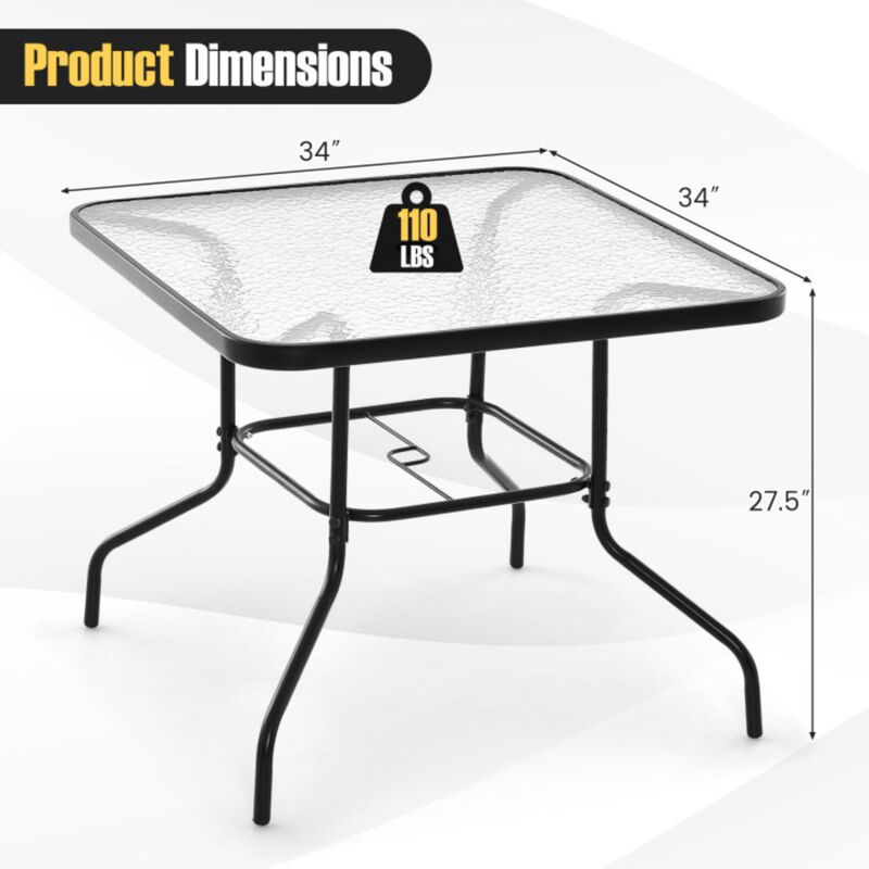 Hivvago 34 Inch Outdoor Dining Table Square Tempered Glass Table with 1.5 Inch Umbrella Hole