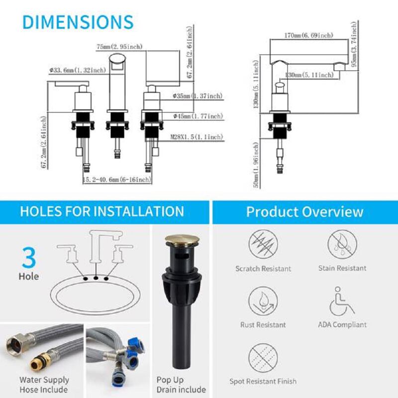 Low-Arch Brushed Bathroom Faucet, 3-Hole Widespread Vanity Sink Faucet