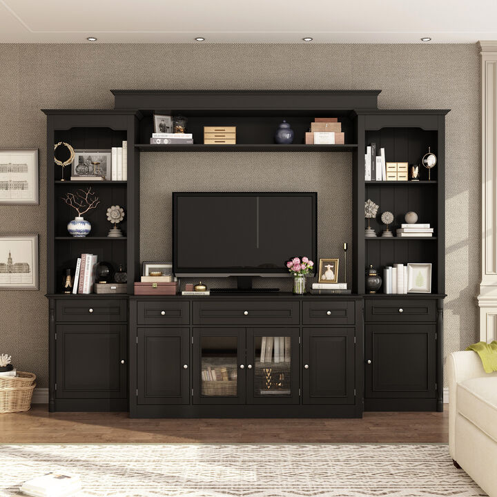 FUFU&GAGA Modern Black TV Stand with 7 Storage Compartments, P2 MDF, Black Finish (104.3" W x 82.3" H x 17.4" D), Black