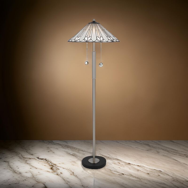 Kio 61 Inch Floor Lamp, Modern Tiffany Style Stained Glass, Silver Metal - Benzara