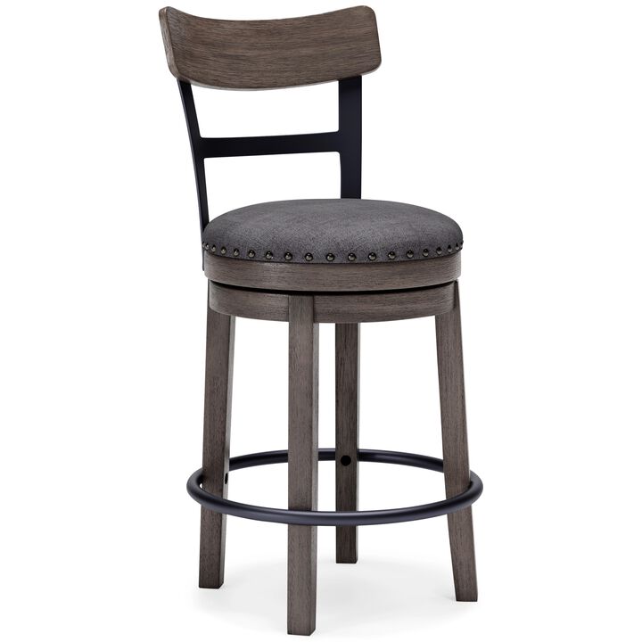 Swivel Barstool with Nailhead Trim and Curved Panel Back, Gray-Benzara