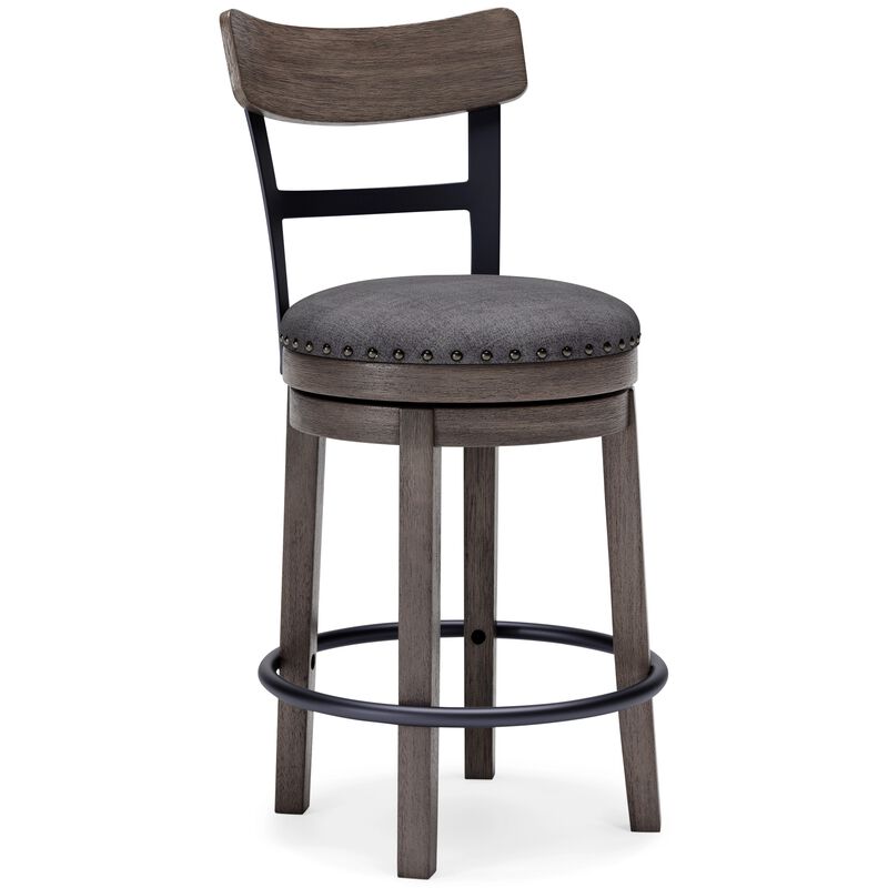 Swivel Barstool with Nailhead Trim and Curved Panel Back, Gray-Benzara
