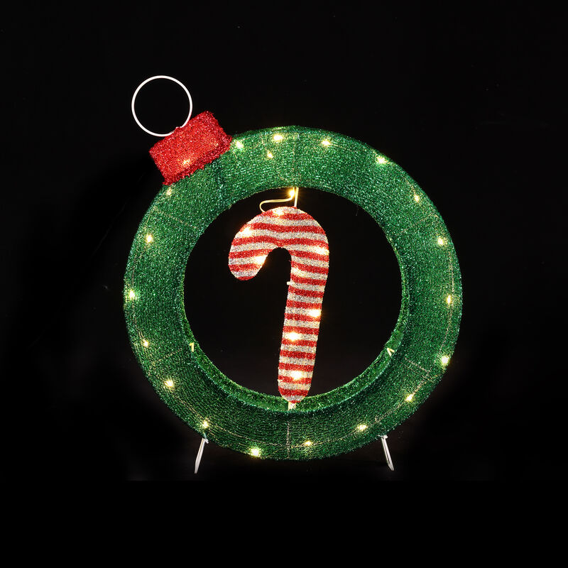 LuxenHome 1.9Ft Tall Ornament and Candy Cane Wreath Outdoor Holiday Decoration with Lights