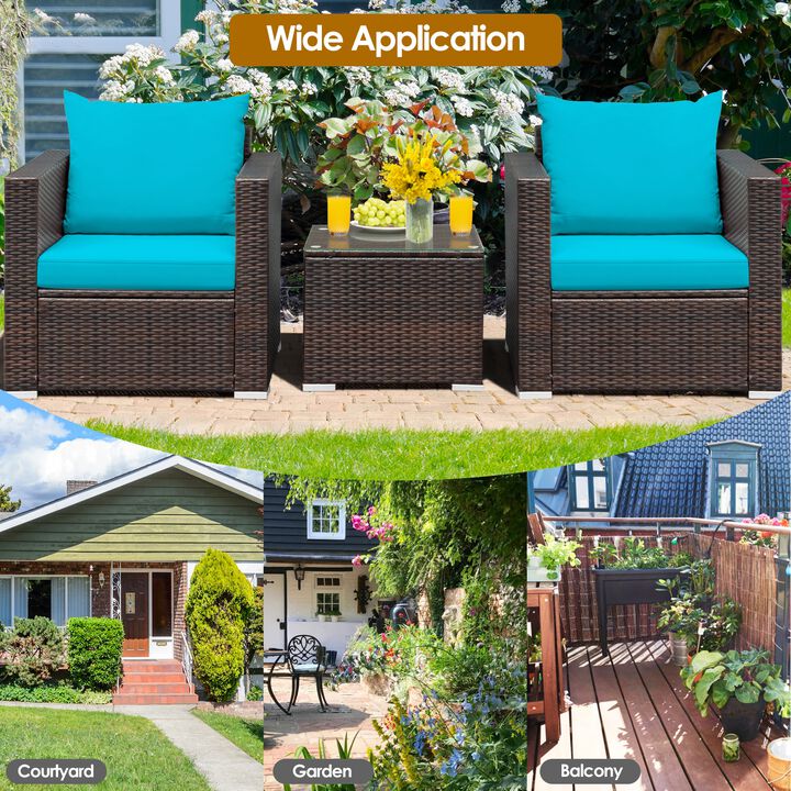 3 Pcs Patio Conversation Rattan Furniture Set with Cushion