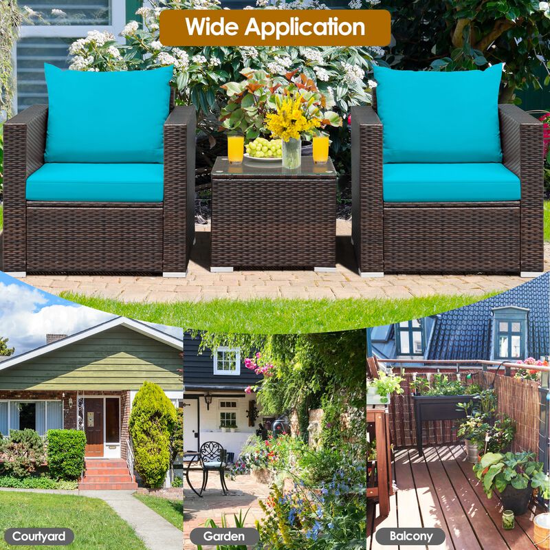 3 Pieces Patio Conversation Rattan Furniture Set with Cushion
