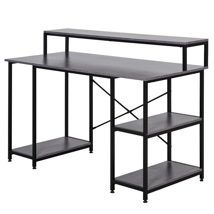 Grey Wood Grain Workspace: 55" Home Office Desk with Shelves