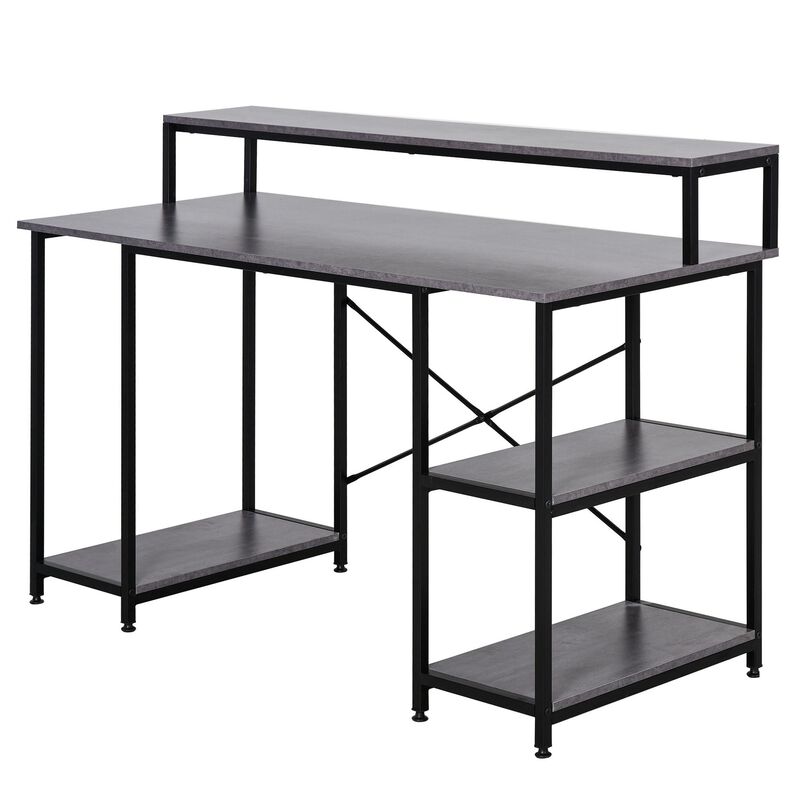 Grey Wood Grain Workspace: 55" Home Office Desk with Shelves