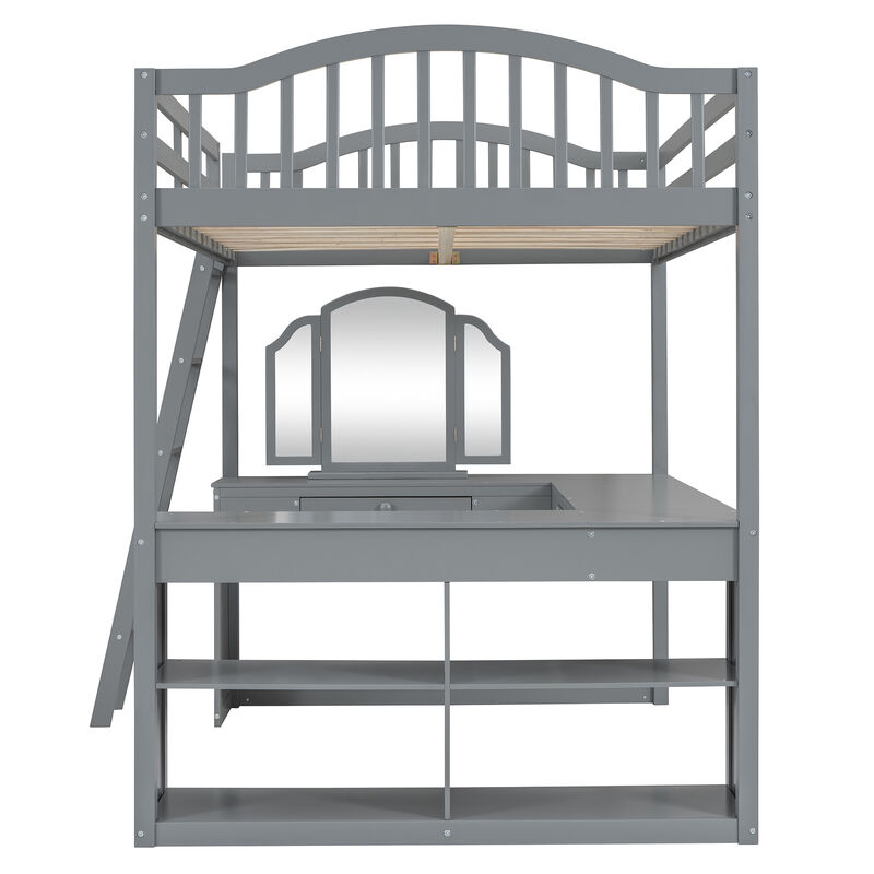 Merax Loft Bed with U-shaped Desk and Tri-fold Mirror