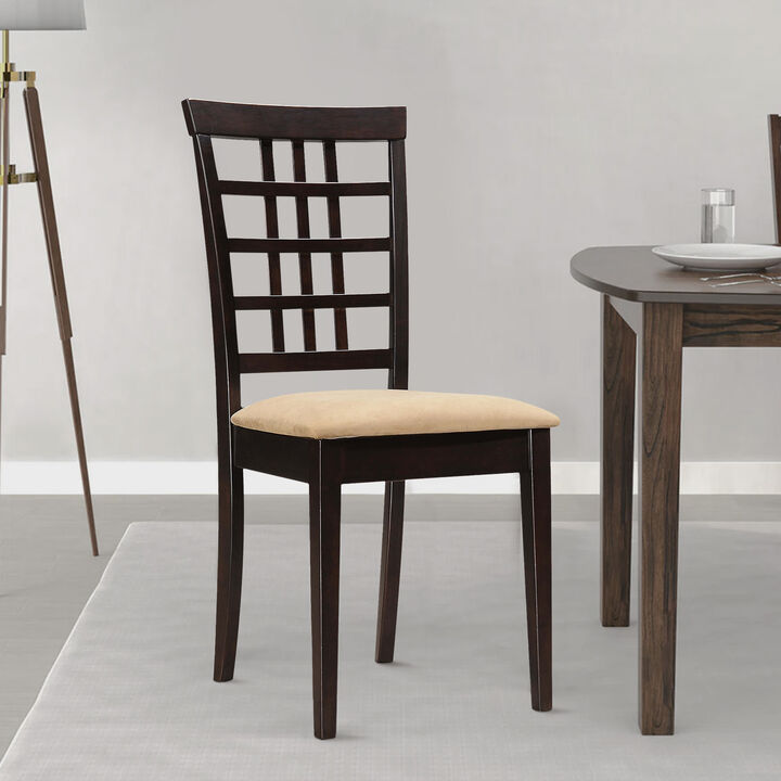 Geometric Wooden Dining Chair with Padded Seat, Set of 2, Brown and Beige-Benzara