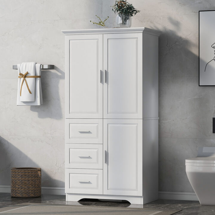 Tall And Wide Storage Cabinet With Doors For Bathroom/Office, Three Drawers, White