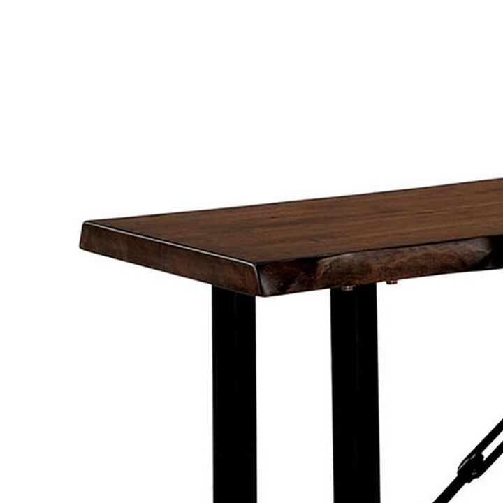 Rectangular Metal Frame Bench with Wooden Seat, Black and Brown-Benzara