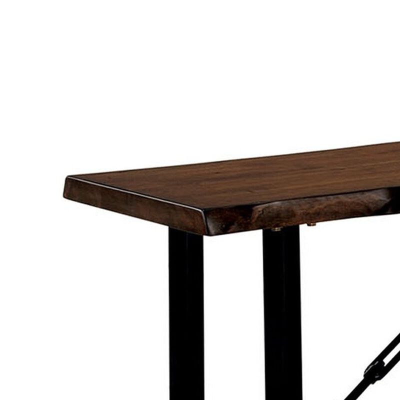 Rectangular Metal Frame Bench with Wooden Seat, Black and Brown-Benzara