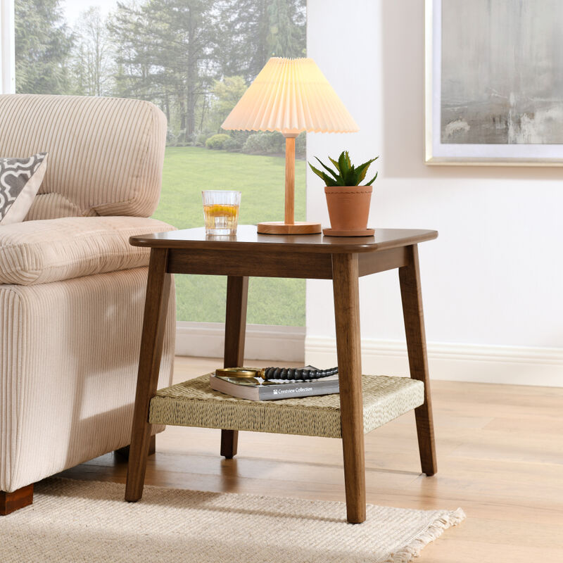Boho Mid-Century Woven Side Table with Storage