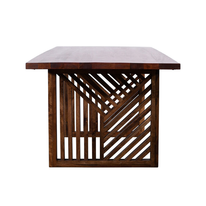 Rise 76 Inch Dining Table, Rectangular Top, Patterned Base, Brown Wood - Benzara
