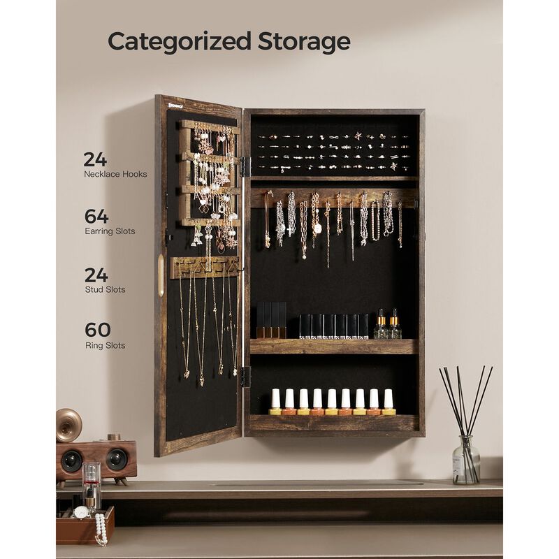Space-Saving Wall-Mounted Jewelry Cabinet with Mirror and Lock - Rustic Brown Finish