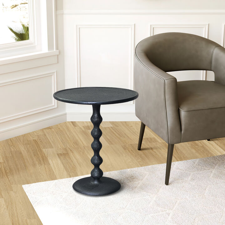 Shae 22 Inch Round Side End Table - Matte Black Aluminum Cast, Hammered Texture, Turned Pedestal Post - Benzara